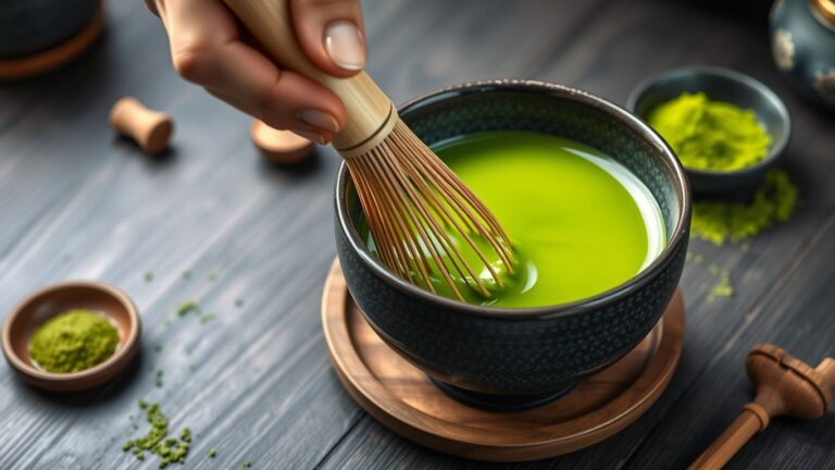 Hand whisking matcha in a traditional tea bowl