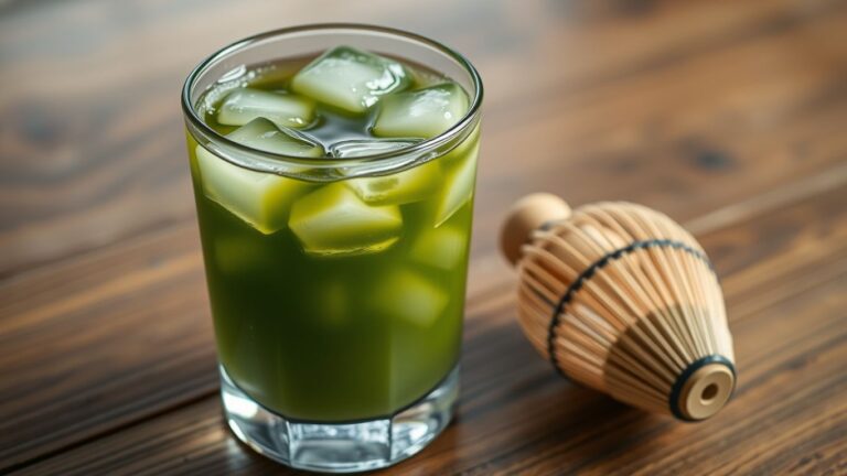 Cold matcha tea with ice and bamboo whisk