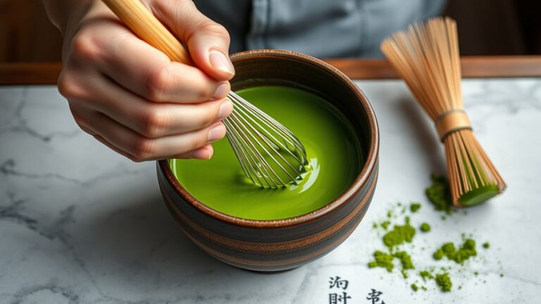 Hand whisking matcha in a traditional bowl