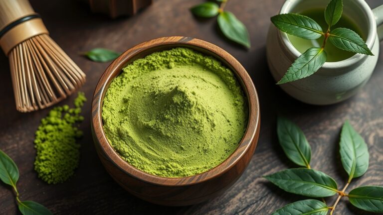 Matcha powder with whisk and cup