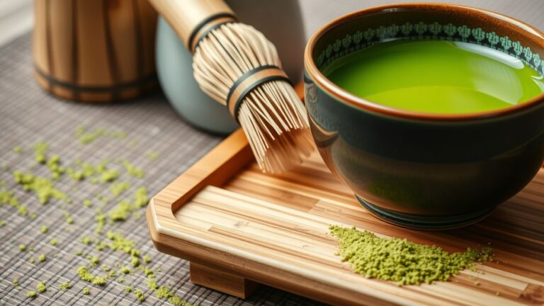 Traditional tea set with vibrant green matcha tea