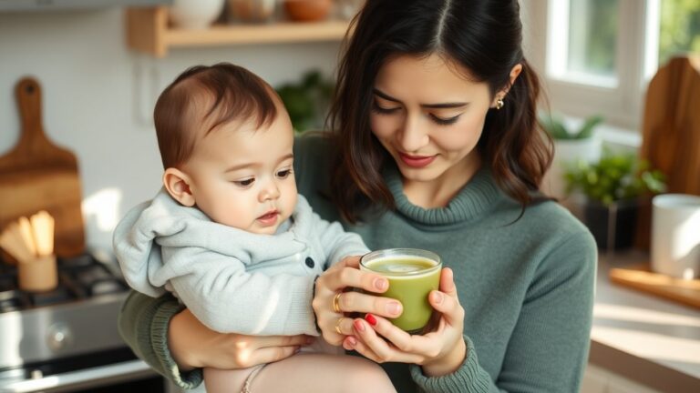 Mother drinking matcha tea while holding baby