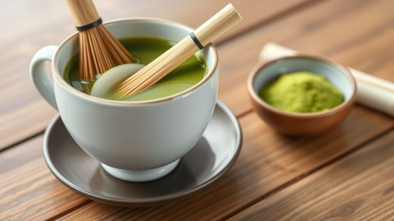 Cup of matcha tea with bamboo whisk