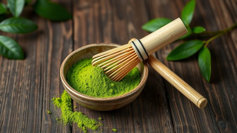 Bowl of vibrant green matcha powder with bamboo whisk