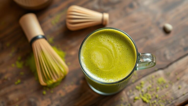 Steaming matcha latte with matcha powder and whisk.