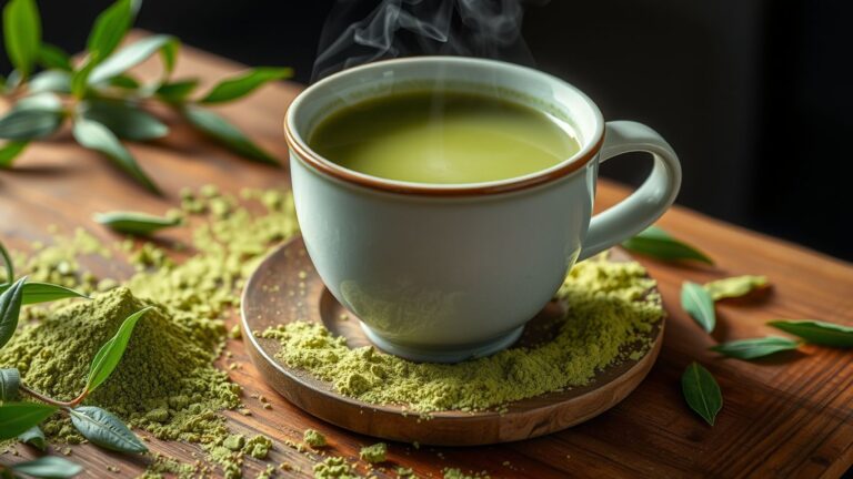 Steaming cup of matcha tea with matcha powder