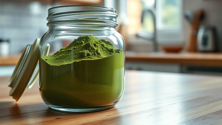 Glass jar of green matcha powder on counter