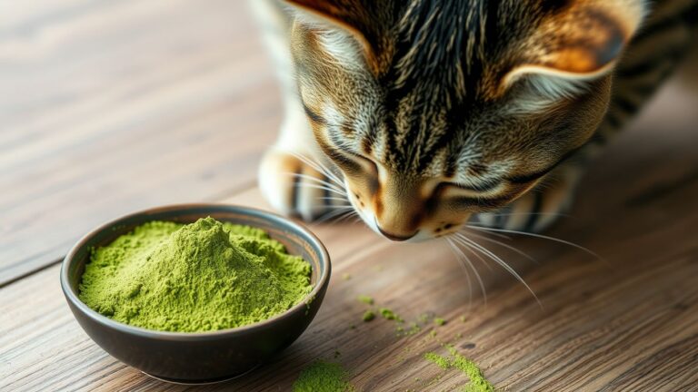 Cat sniffing a bowl of matcha powder