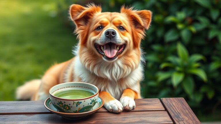 Dog with matcha tea in garden