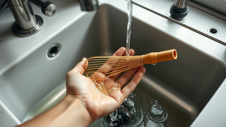 Hand cleaning matcha whisk under running water.